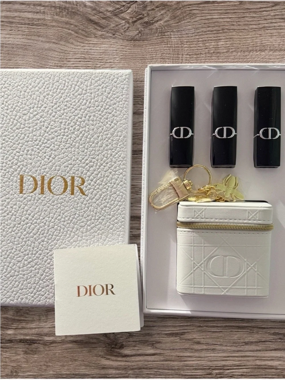 New - Dior Cannage Quilted Lipstick Case Keychain / Bagcharm with 3 Lipsticks